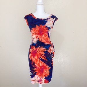 🛍 ANN TAYLOR Orange/Blue Floral Faux Wrap Dress